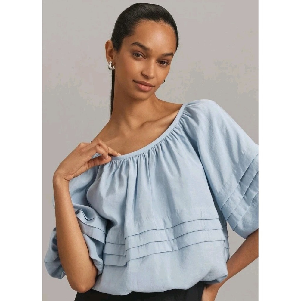 Anthropologie Maeve Top Size XS Puff Sleeve Bubble Tiered Blouse Shirt Blue
